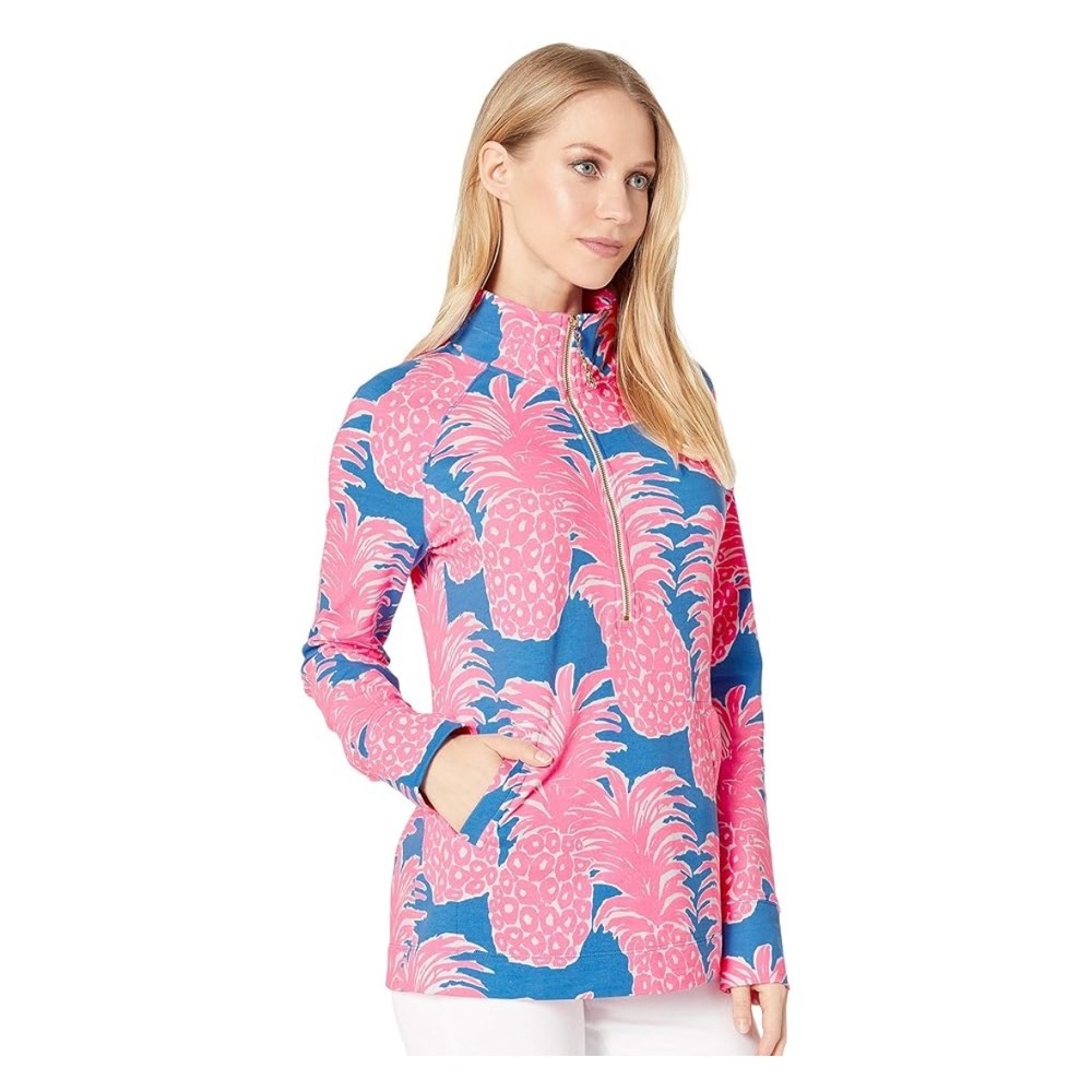 Lilly Pulitzer Womens Skipper Popover Top Pink Pineapple Print 1/4 Zip S‎